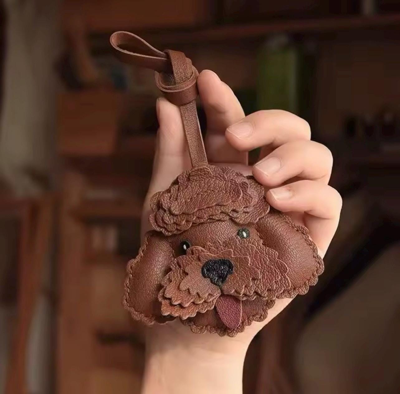 Handmade Leather Poodle Bag Charm Dog Keychain