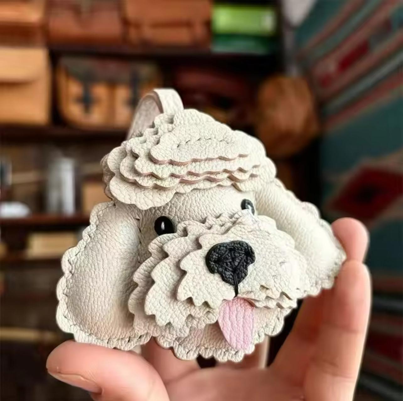 Handmade Leather Poodle Bag Charm Dog Keychain