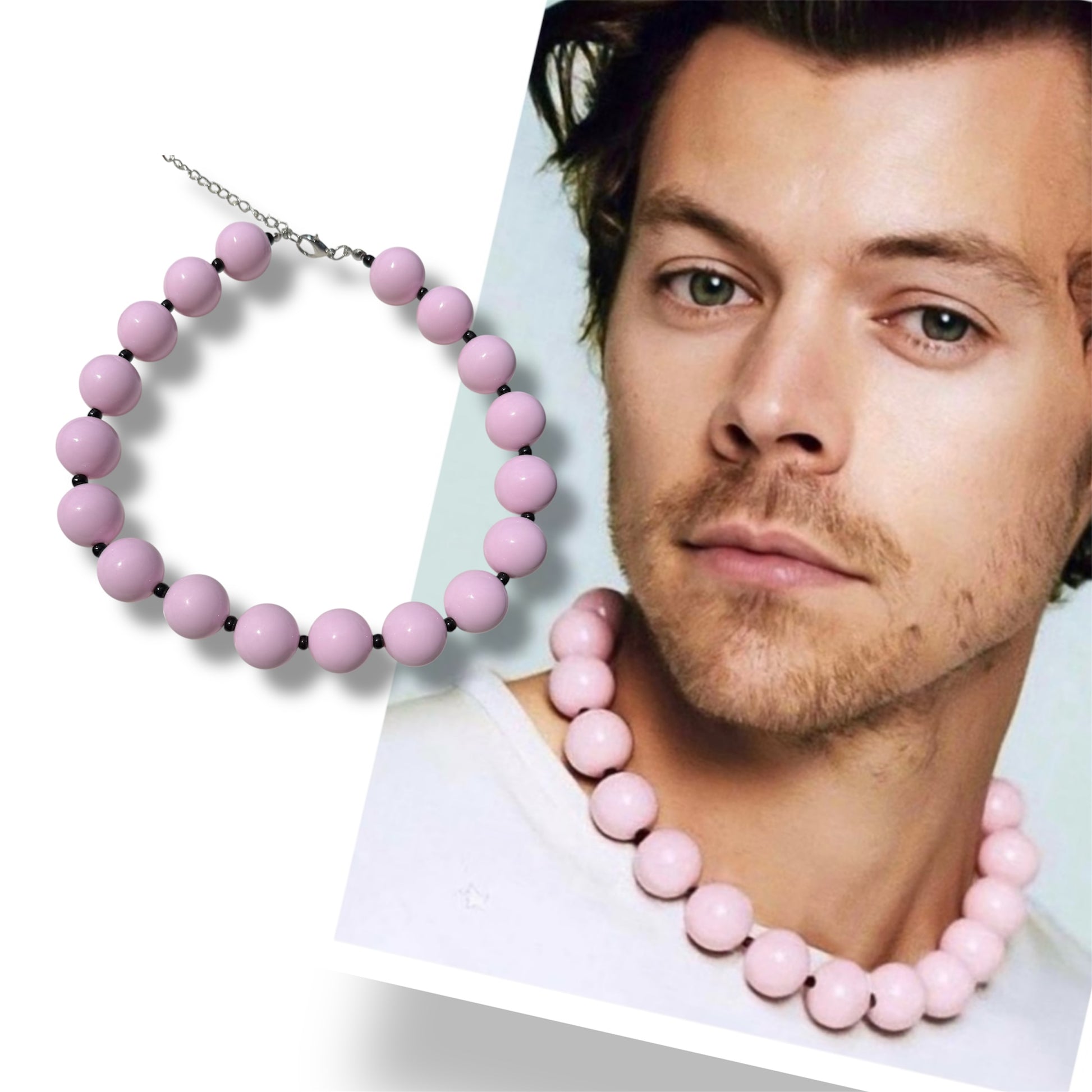 Chunky pink and black bubblegum bead necklace inspired by Harry Styles, laid flat with glossy round beads bold Y2K accessory