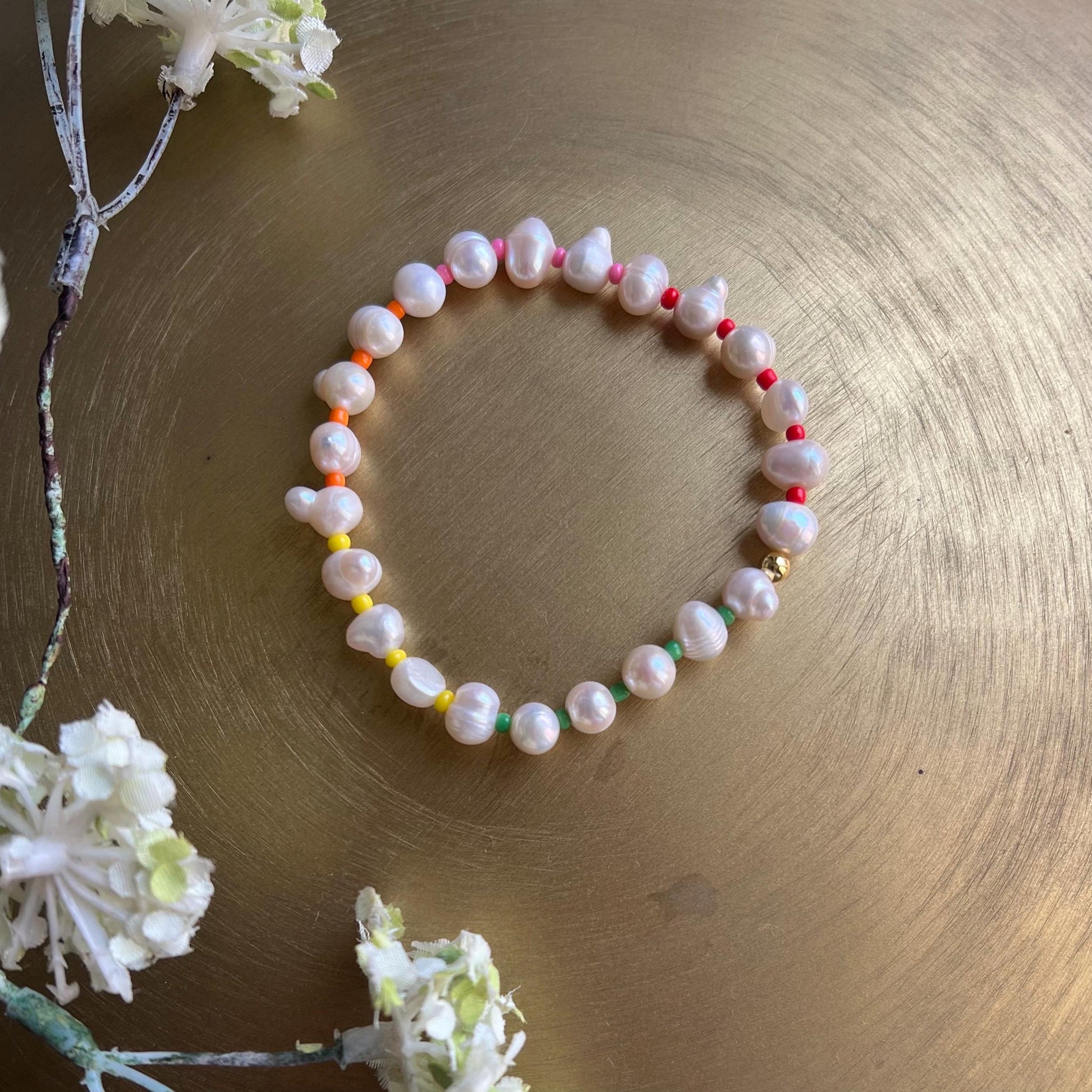 Freshwater pearl bracelet with rainbow beads and 14k gold accent - colorful summer jewelry gift for her