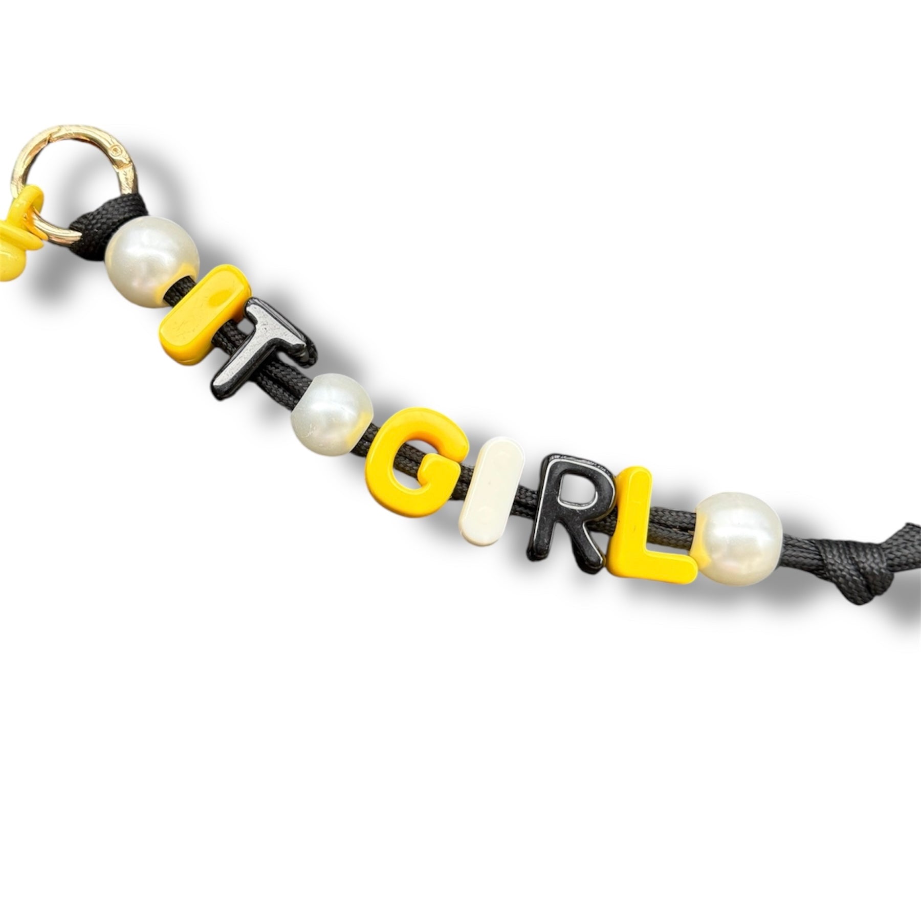 Rock Ya Wrist IT GIRL luxury bag charm featuring black, yellow, and pearl beads