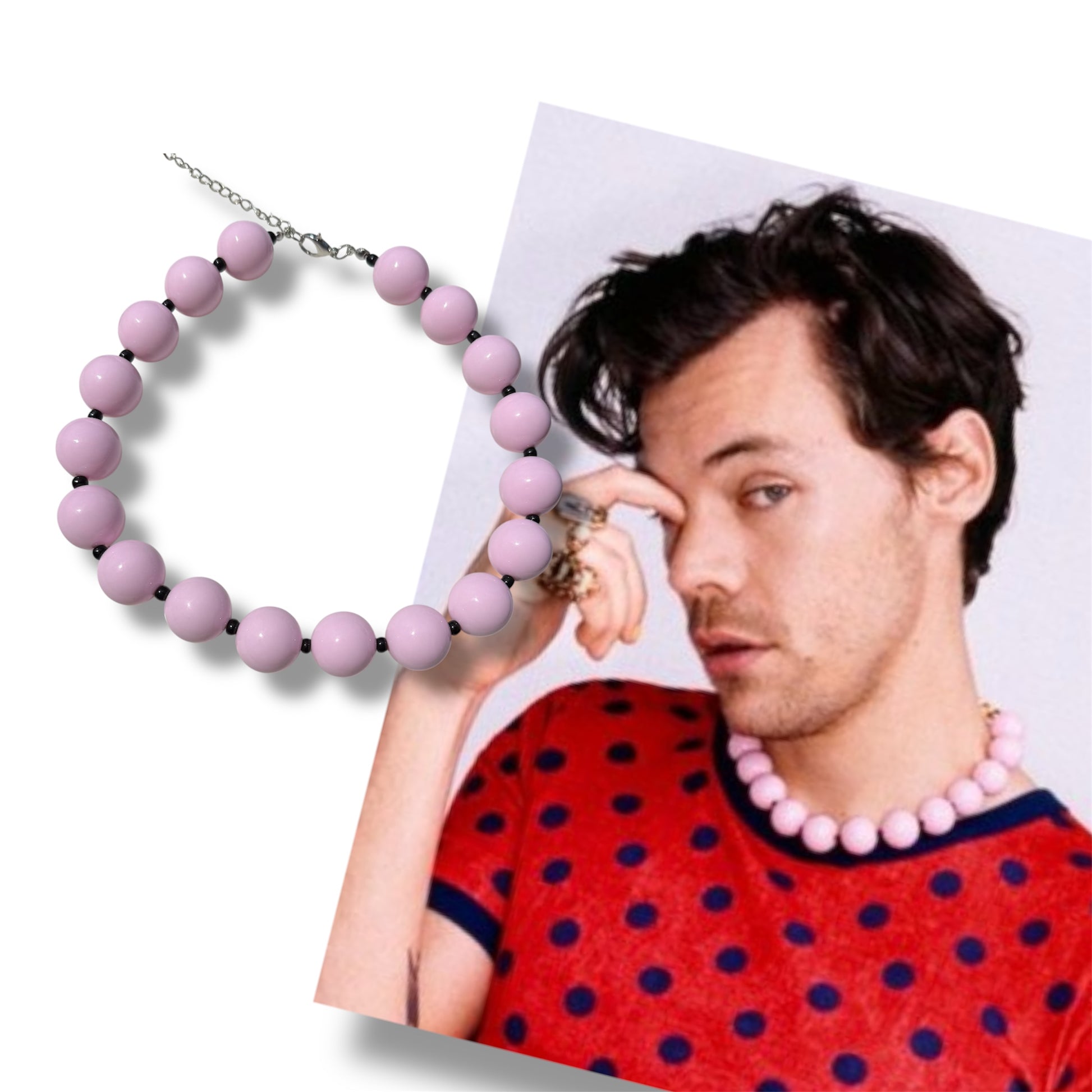 Chunky pink and black bubblegum bead necklace inspired by Harry Styles, laid flat with glossy round beads and clasp visible bold Y2K accessory