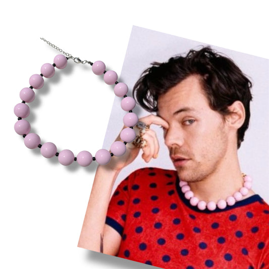 Chunky pink and black bubblegum bead necklace inspired by Harry Styles, laid flat with glossy round beads and clasp visible bold Y2K accessory