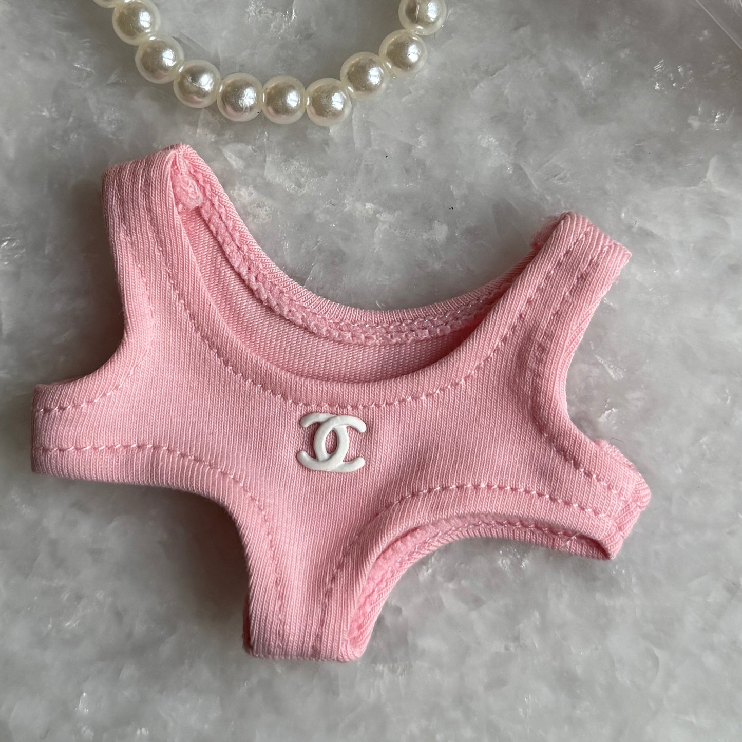 Labubu Pink CC Bikini set with pearl necklace and snorkelling gear