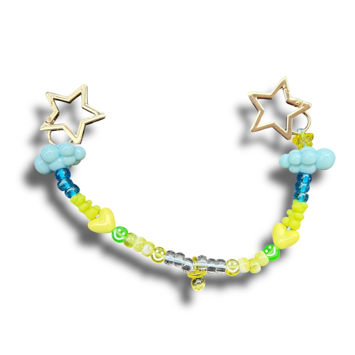 Kawaii Y2K bag charm featuring blue, yellow, and green beads with cute star clasps
