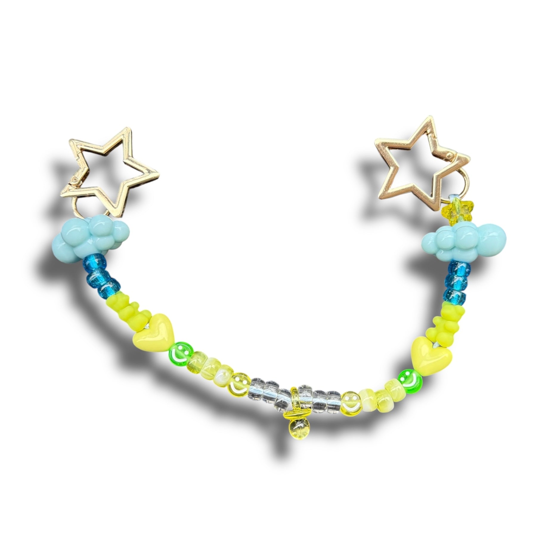 Kawaii Y2K bag charm featuring blue, yellow, and green beads with cute star clasps