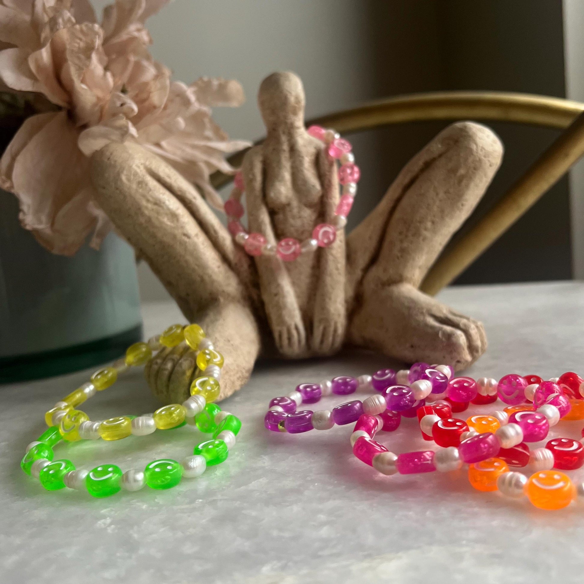 Multi-bead Happy Go Lucky bracelet stack for casual outfits