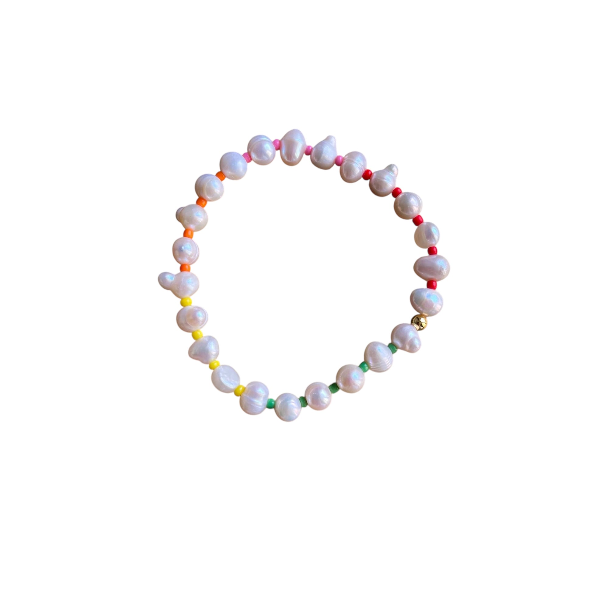 Freshwater pearl bracelet with rainbow beads and 14k gold accent - colorful summer jewelry gift for her