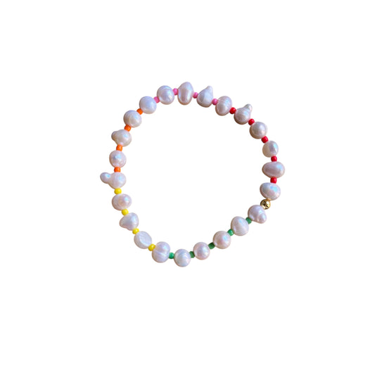 Freshwater pearl bracelet with rainbow beads and 14k gold accent - colorful summer jewelry gift for her